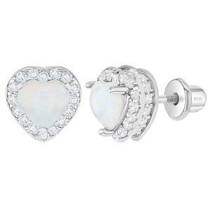 Kids Opal Heart Earrings with Screw Backs - Sterling Silver Heart Earrings